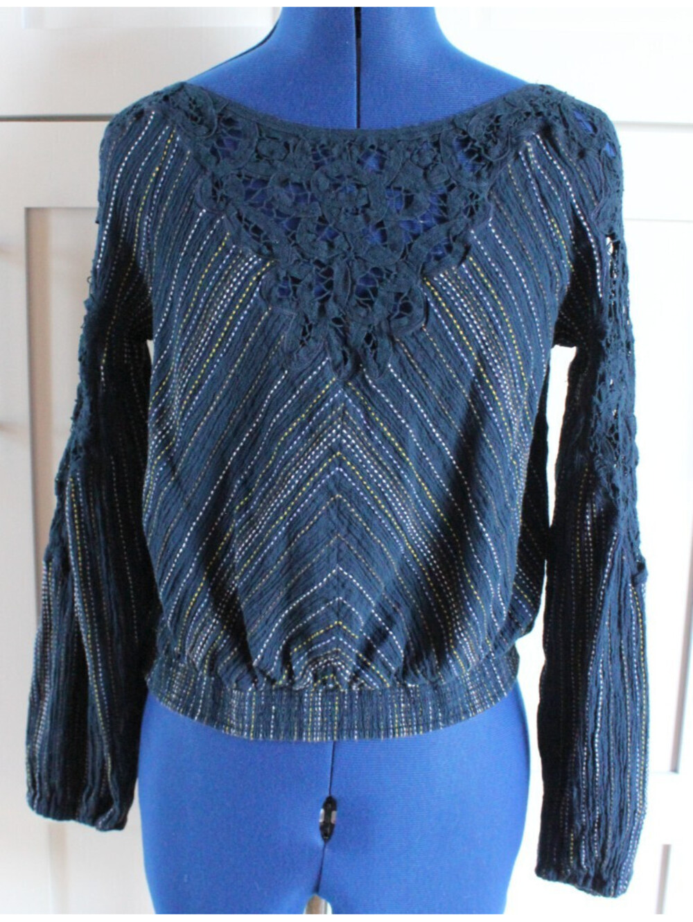 Free People Floating Memories Blouse Navy Lace Balloon Sleeve Boho Top XS